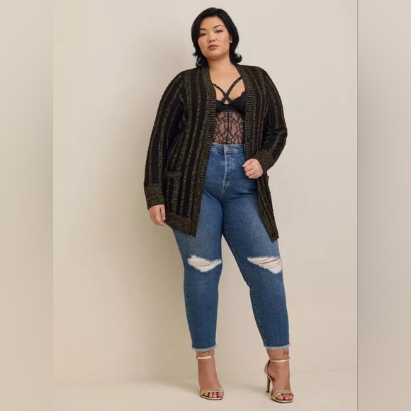 TORRID Cable Boyfriend Cardigan Sweater Size 2X Black And Gold Stretch Plus Size - Picture 1 of 16